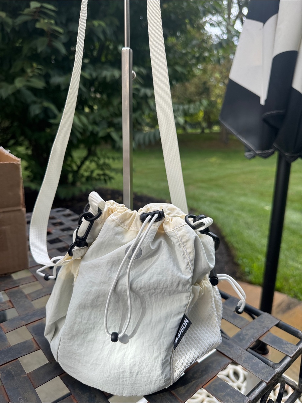 White Drawstring Bucket Bag with Shoulder Strap